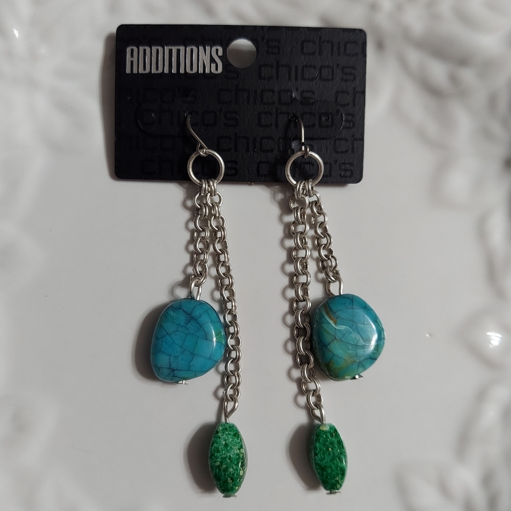 Chico's Additions Silver Dble Rolo/Faux Turq Green & Blue Stone Dangle Earrings
